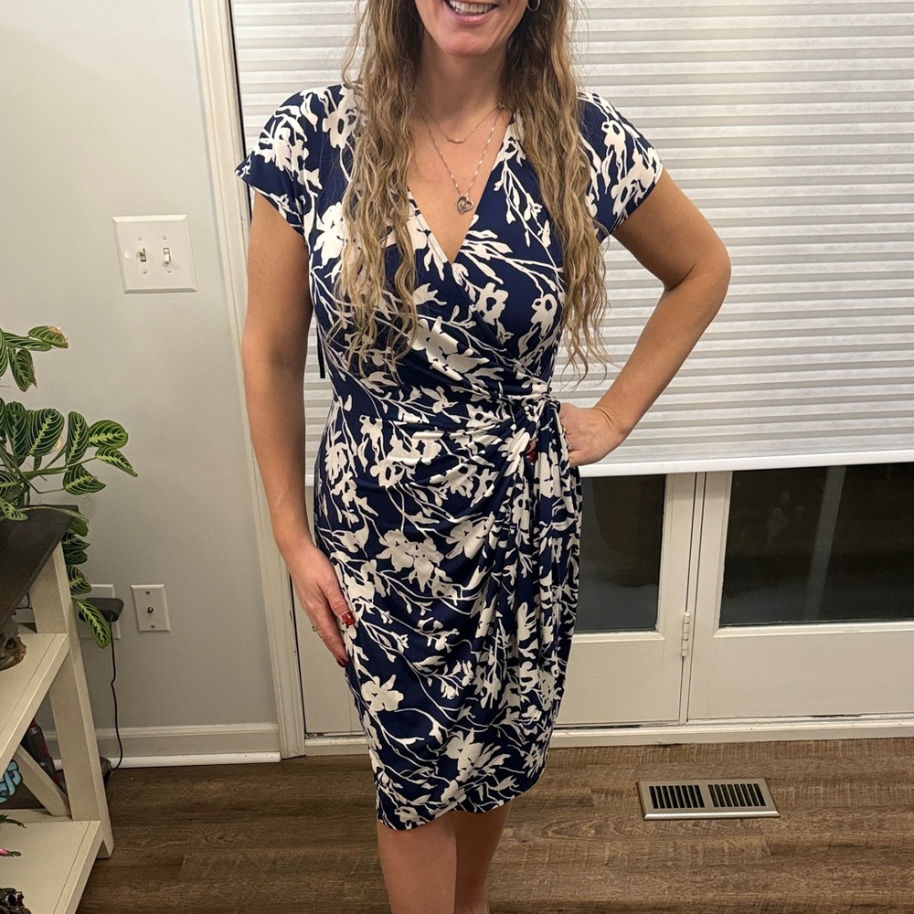 Maggy London Blue and Cream Floral Wrap Midi Dress